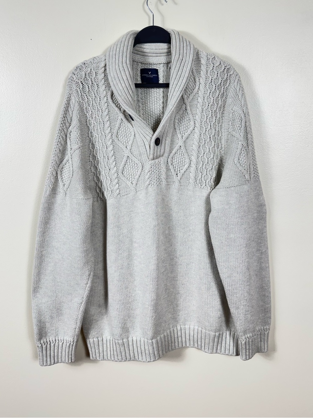 American Eagle Mens Chunky Cable Knit Shawl Collar Fisherman Sweater XXL Ivory - Picture 2 of 6